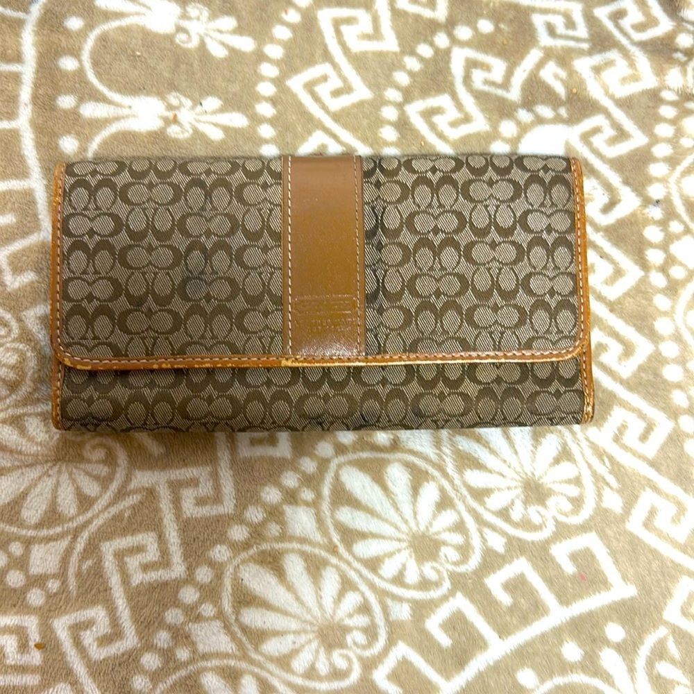 COACH Brown Monogram Fold Over Wallet - 3 Bill Pocket, Zip Pocket, 12 Card Slots